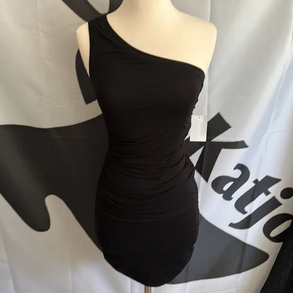 GOOD American Good Touch Ruched One Shoulder Mini Dress Black Size Medium - Picture 8 of 12